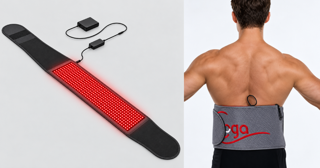 Hooga red light therapy belt with illuminated LED panel, adjustable straps, and connected power controller for lower back pain relief.