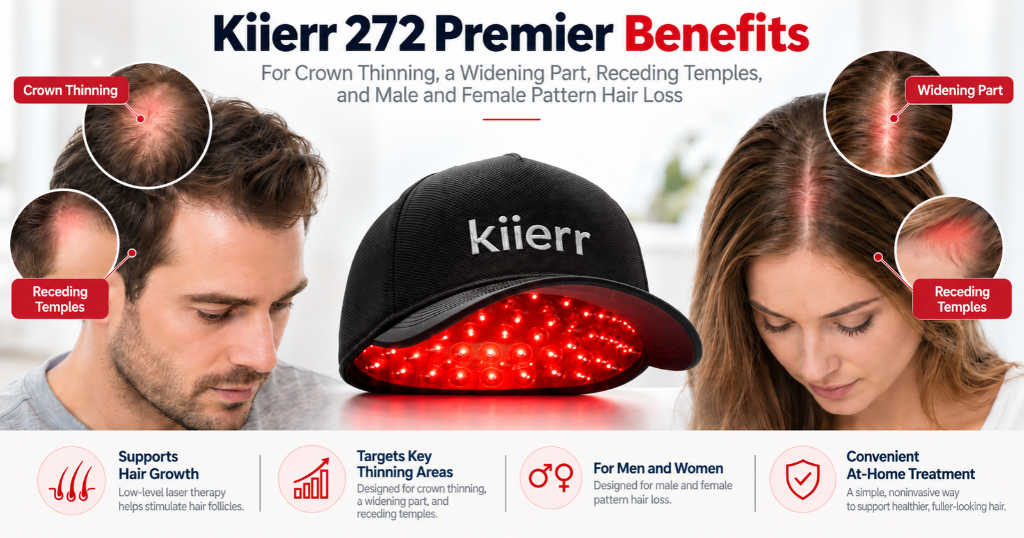 Kiierr 272 Premier benefits for crown thinning, a widening part, and receding temples