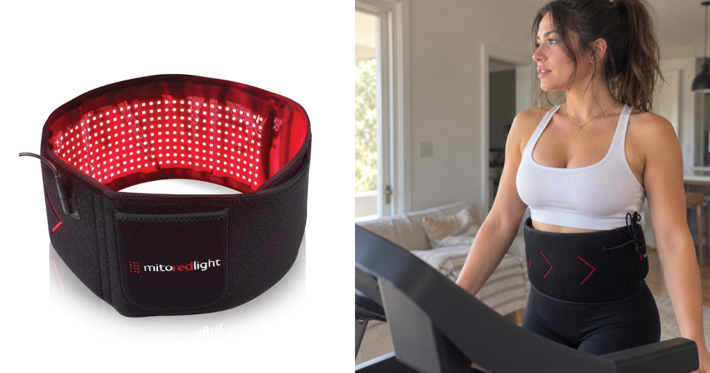 Woman using the MitoQUAD Wavelength Belt for back pain and stiffness during exercise