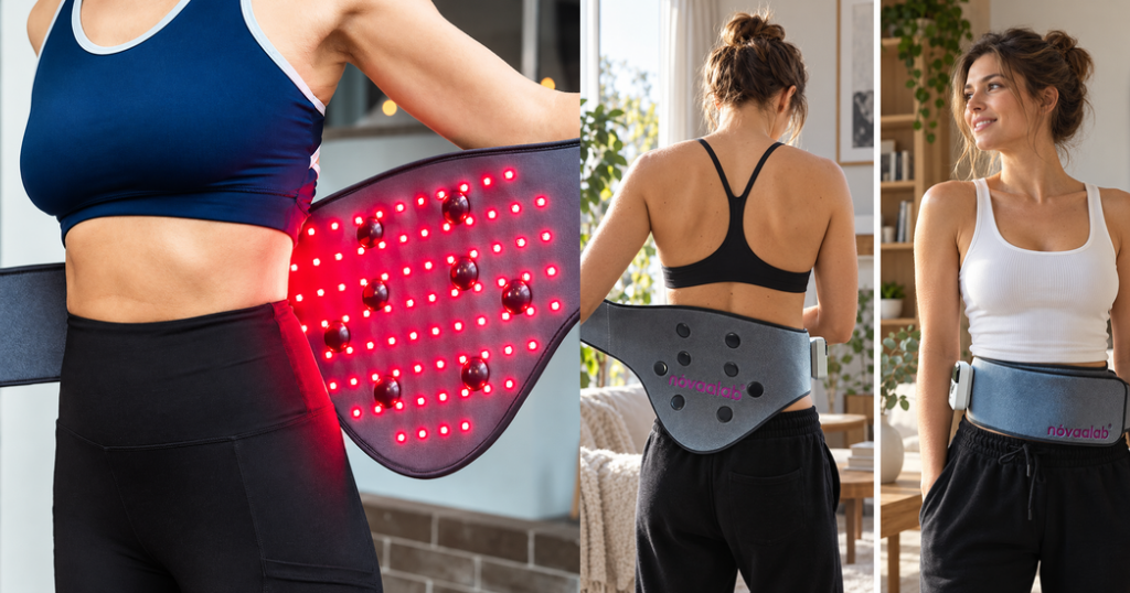 Woman wearing a NovaaLab red light therapy belt for lower back pain, shown from the front and back in a home setting.